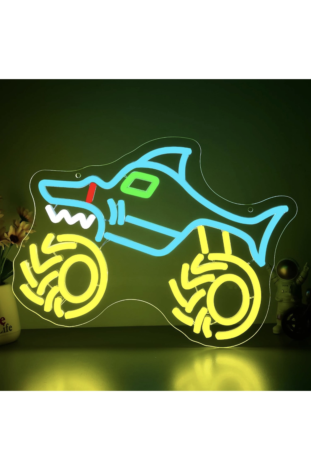 Shark Monster Truck Neon LED Wall Light USB Blue Yellow 13.7in Sign