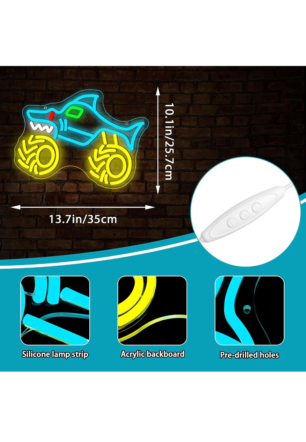 Shark Monster Truck Neon LED Wall Light USB Blue Yellow 13.7in Sign