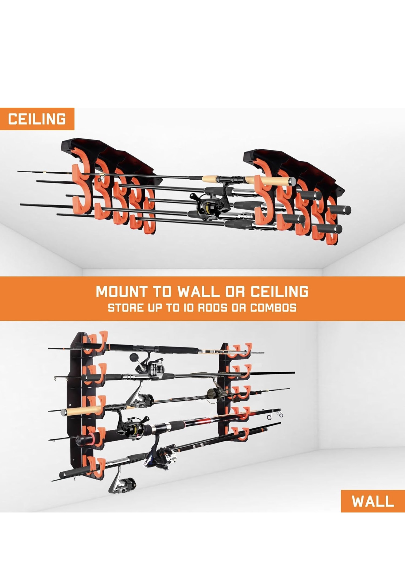 Fishing Rod Rack Wall Ceiling Mount Holds 10 Rods Garage Storage 16.5in
