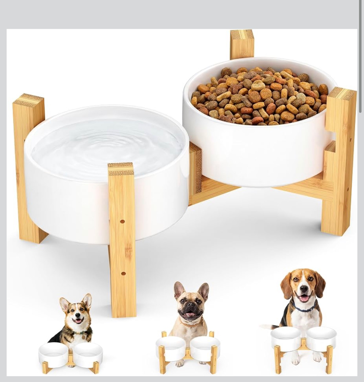 Elevated Ceramic Dog Bowl Set Bamboo Stand 44oz Adjustable Height 2pc