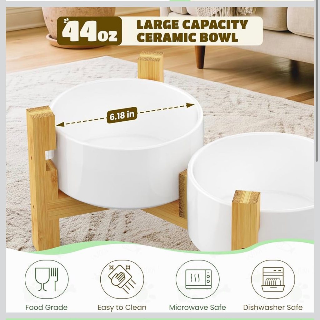 Elevated Ceramic Dog Bowl Set Bamboo Stand 44oz Adjustable Height 2pc