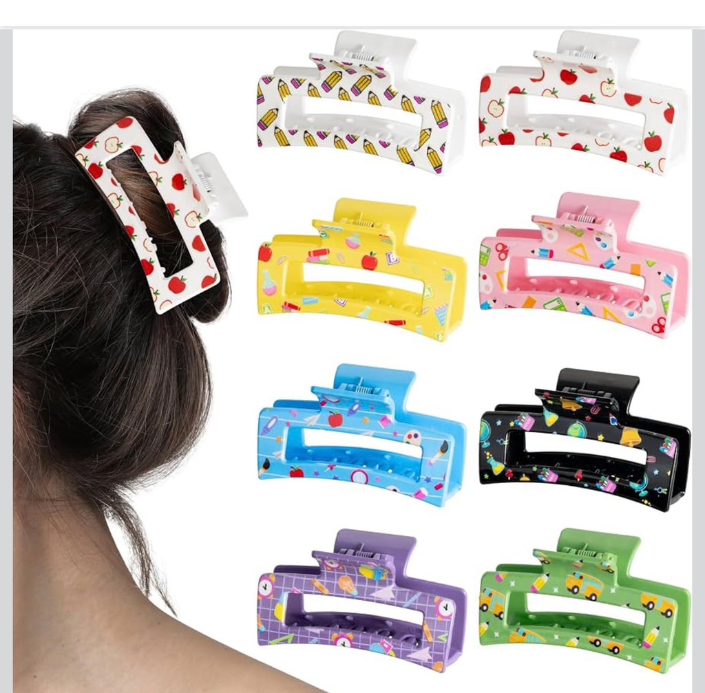 Hair Claw Clips 8 Pack School Teacher Print Large Clips Thick Hair