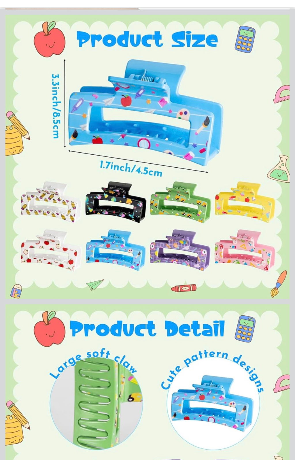 Hair Claw Clips 8 Pack School Teacher Print Large Clips Thick Hair