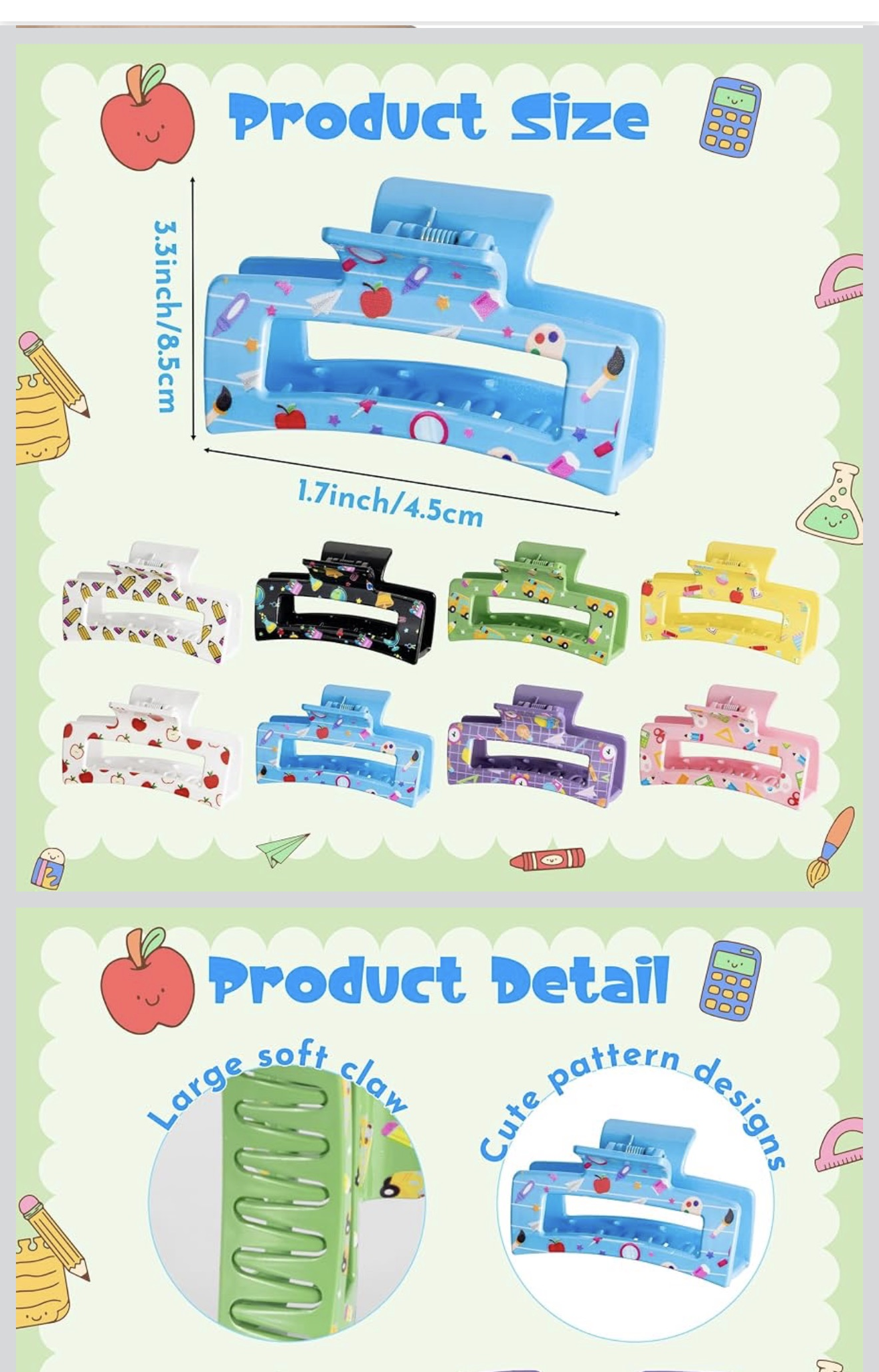 Hair Claw Clips 8 Pack School Teacher Print Large Clips Thick Hair