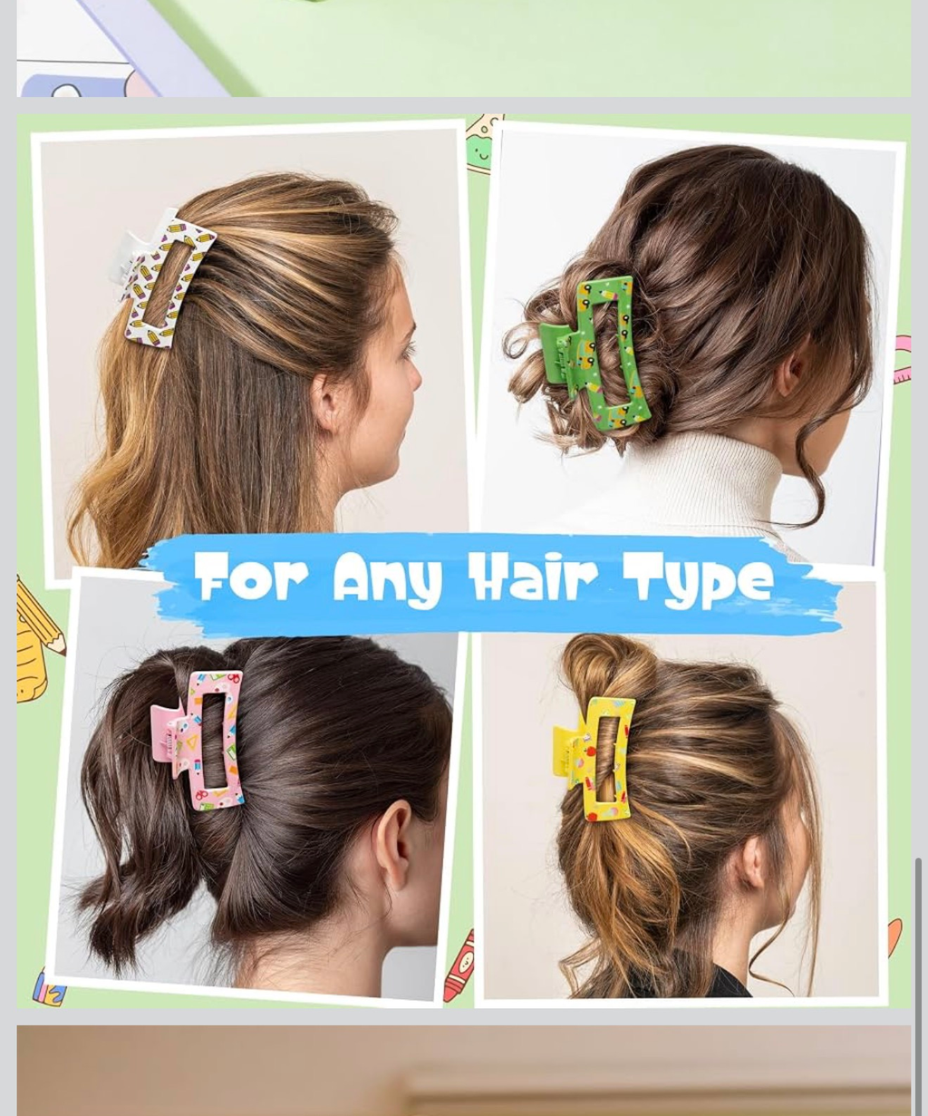 Hair Claw Clips 8 Pack School Teacher Print Large Clips Thick Hair