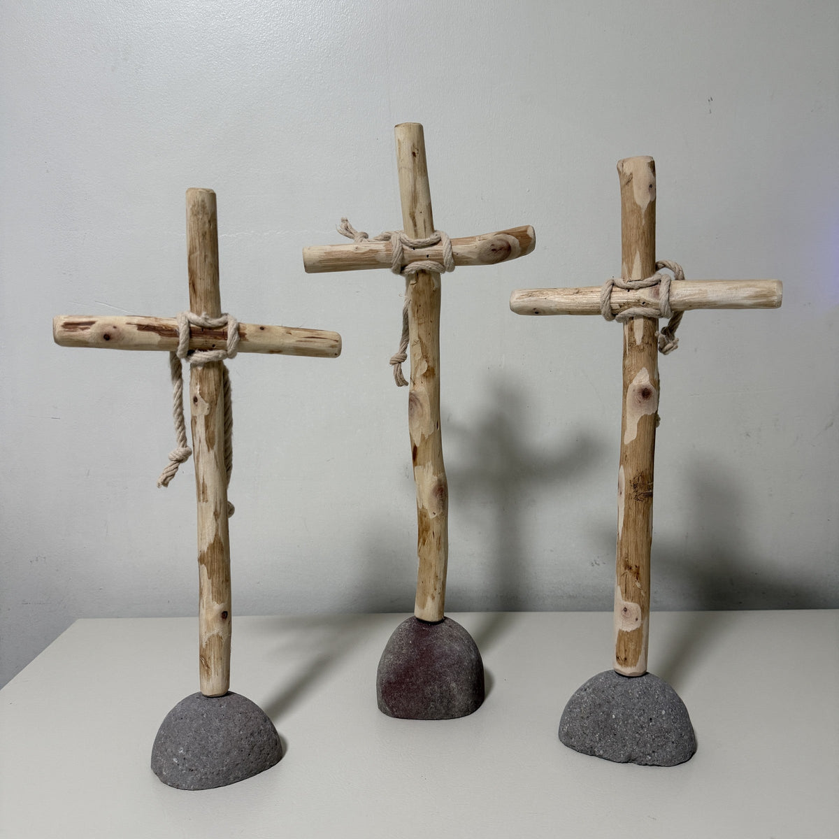 Kalalou Set of 3 Recycled Wood Crosses on Rock Bases Rustic Farmhouse Decor