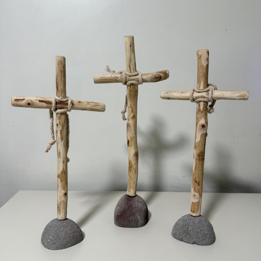 Kalalou Set of 3 Recycled Wood Crosses on Rock Bases Rustic Farmhouse Decor