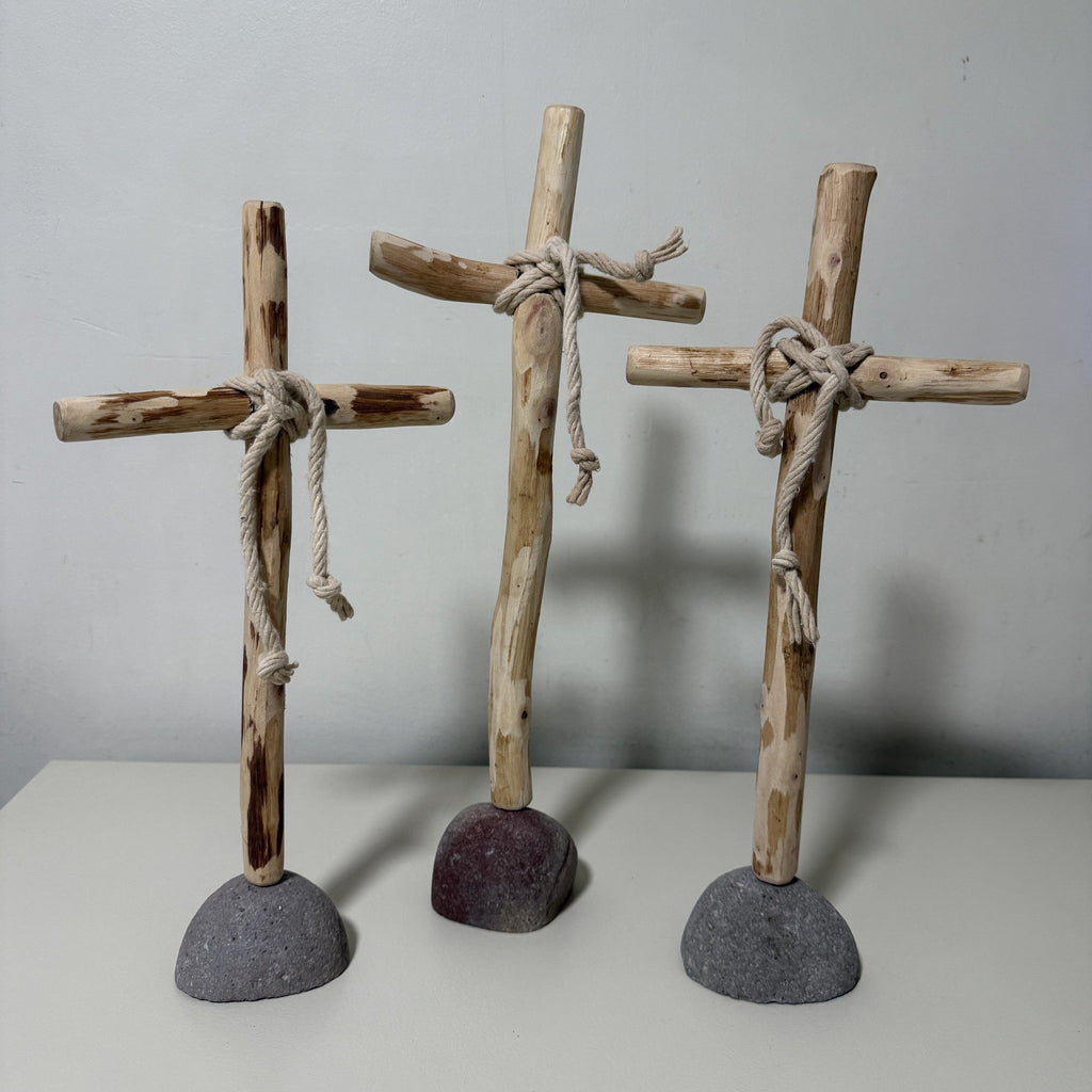 Kalalou Set of 3 Recycled Wood Crosses on Rock Bases Rustic Farmhouse Decor