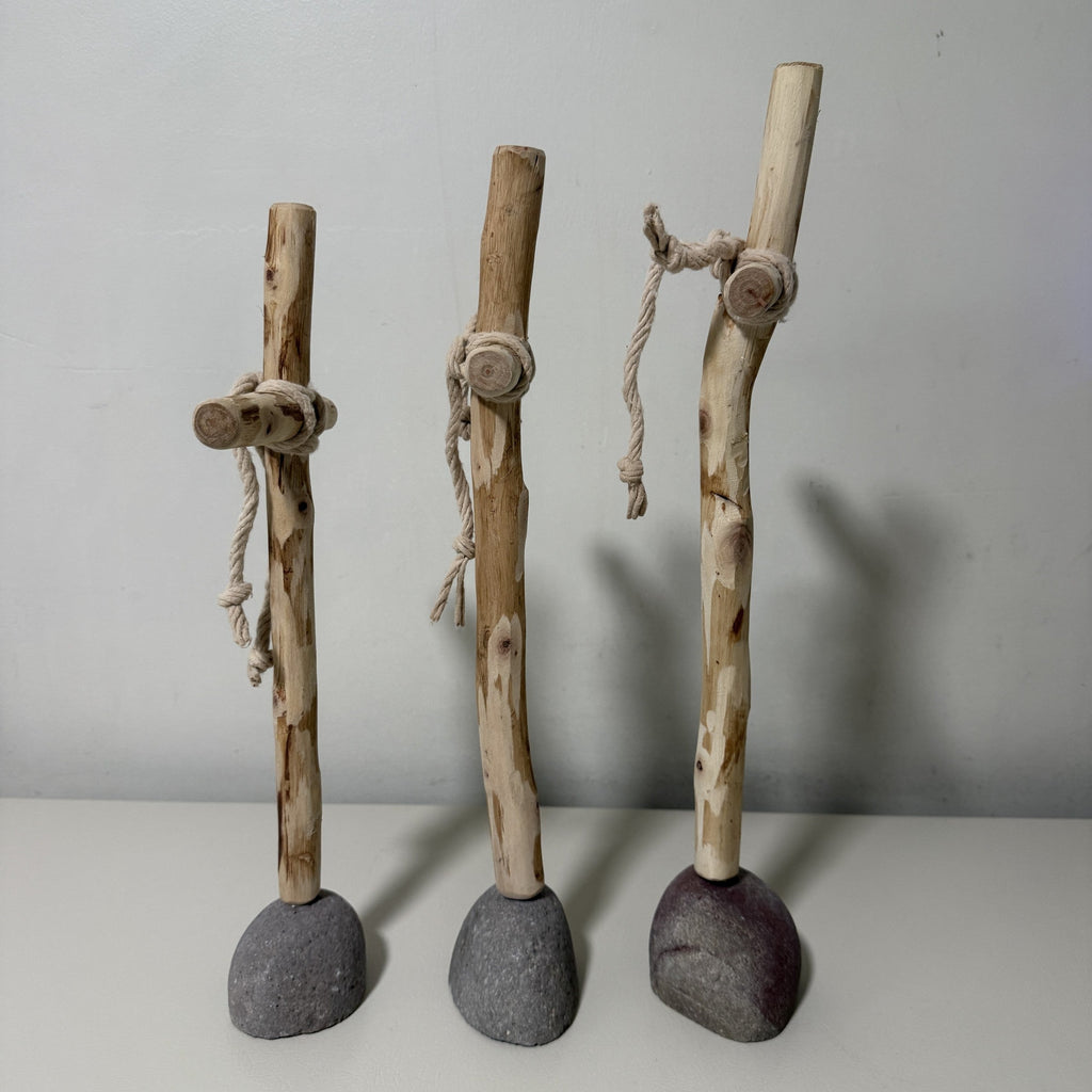 Kalalou Set of 3 Recycled Wood Crosses on Rock Bases Rustic Farmhouse Decor