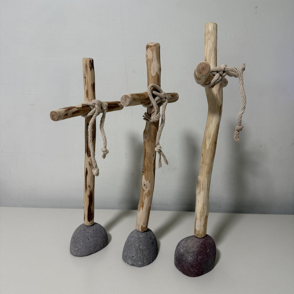 Kalalou Set of 3 Recycled Wood Crosses on Rock Bases Rustic Farmhouse Decor