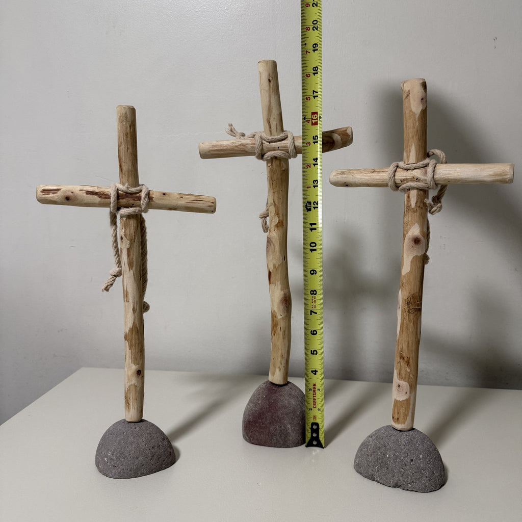 Kalalou Set of 3 Recycled Wood Crosses on Rock Bases Rustic Farmhouse Decor