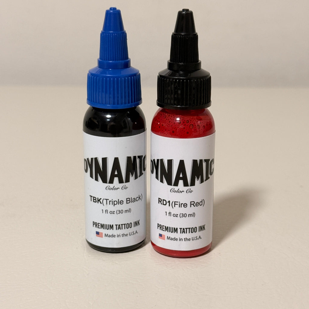 Dynamic Color Co Tattoo Ink 2-Pack, Triple Black and Fire Red, 1 fl oz Each, Exp 10/2028 and 08/2029