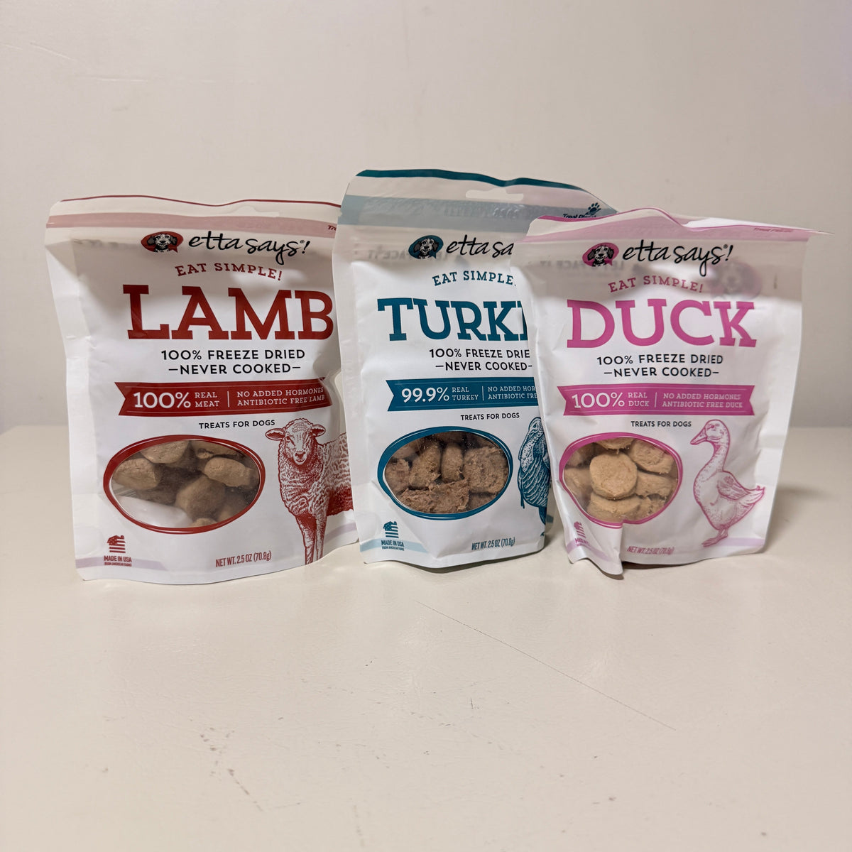 Etta Says Freeze Dried Dog Treats 3-Pack, Lamb Turkey and Duck, 2.5 oz Each, Best By May 2028