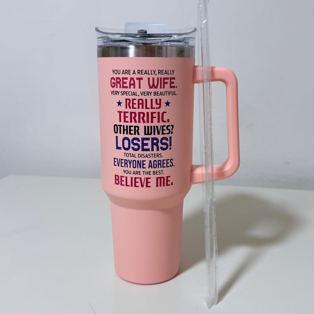 Best Wife Ever 40 oz Insulated Tumbler with Handle and Straw, Pink