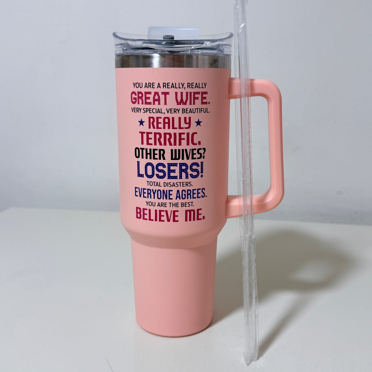 Best Wife Ever 40 oz Insulated Tumbler with Handle and Straw, Pink