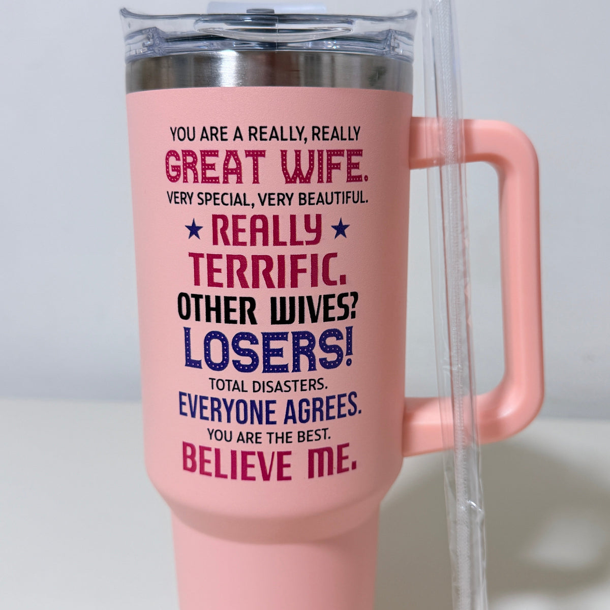 Best Wife Ever 40 oz Insulated Tumbler with Handle and Straw, Pink