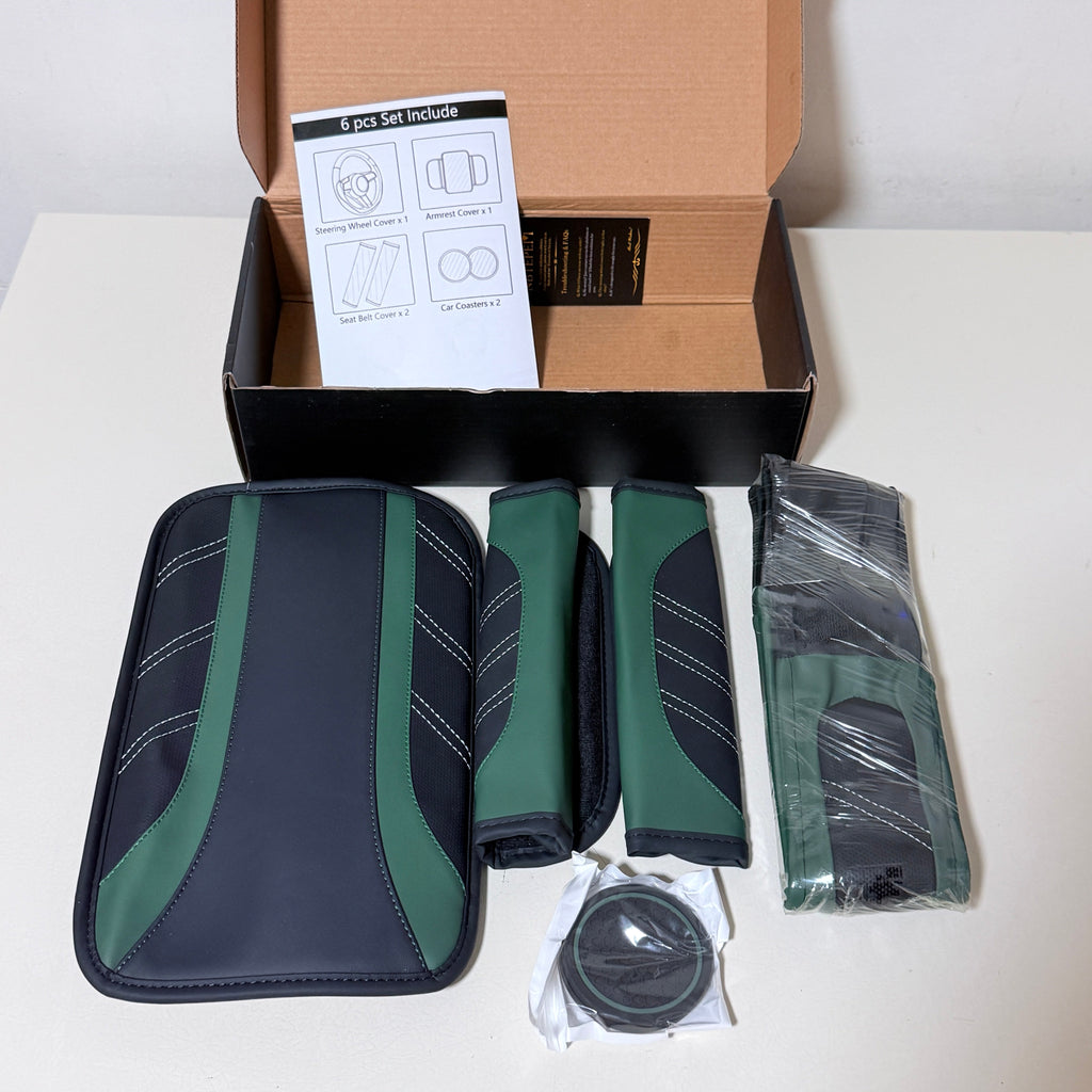 6 Piece Car Interior Accessory Set, Steering Wheel Cover Armrest Cover Seat Belt Pads and Coasters, Black and Green