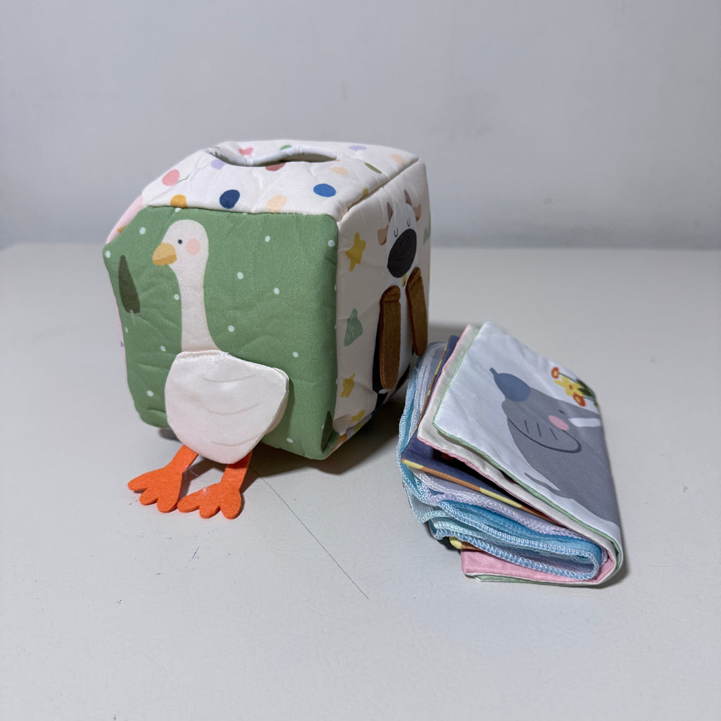 Baby Cloth Tissue Box Sensory Toy, Soft Crinkle Pull Along Activity Cube with Mirror