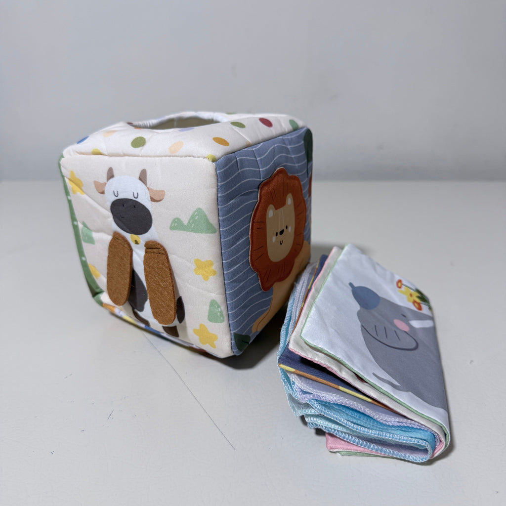 Baby Cloth Tissue Box Sensory Toy, Soft Crinkle Pull Along Activity Cube with Mirror