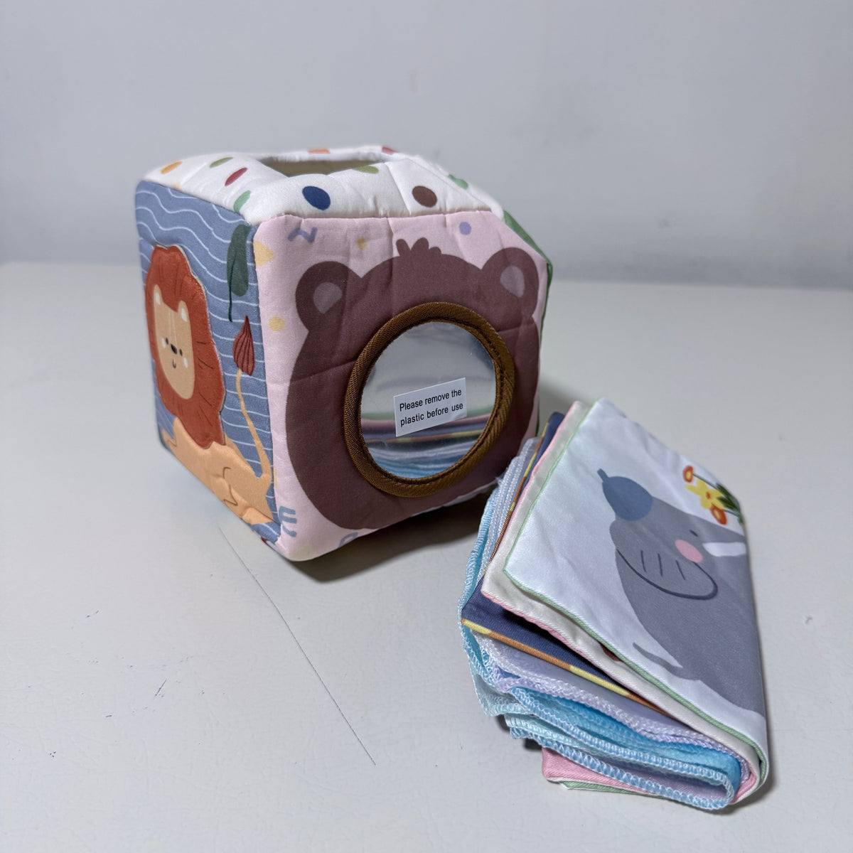 Baby Cloth Tissue Box Sensory Toy, Soft Crinkle Pull Along Activity Cube with Mirror