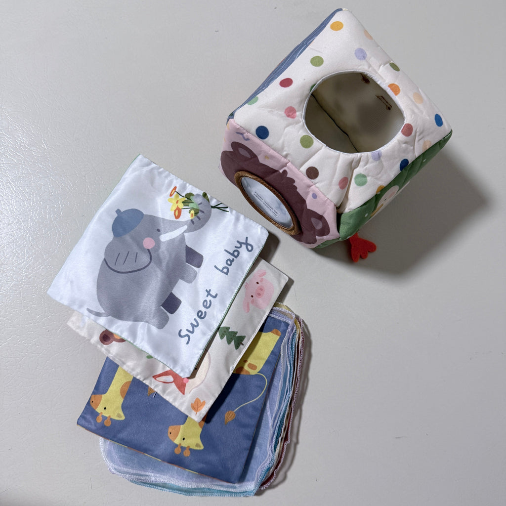 Baby Cloth Tissue Box Sensory Toy, Soft Crinkle Pull Along Activity Cube with Mirror
