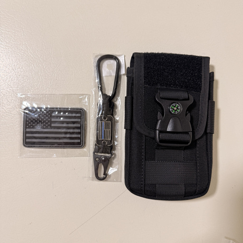 Tactical MOLLE Phone Pouch for 4.7 to 6.7 in Phones, Compass Buckle, Black, with Flag Patch and Keychain
