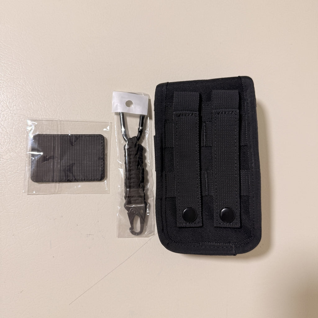 Tactical MOLLE Phone Pouch for 4.7 to 6.7 in Phones, Compass Buckle, Black, with Flag Patch and Keychain