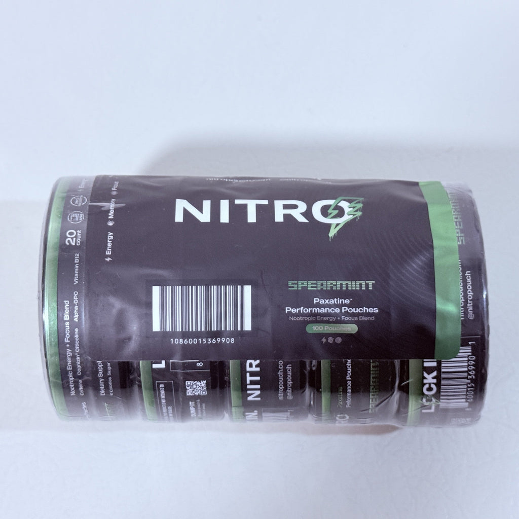 Nitro Spearmint Caffeine Pouches 100 mg, 5 Cans of 20, Exp 11/2027