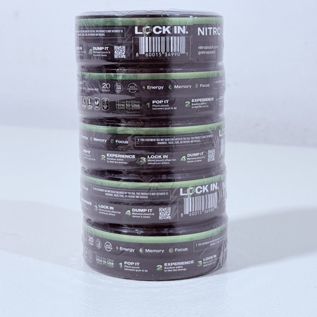 Nitro Spearmint Caffeine Pouches 100 mg, 5 Cans of 20, Exp 11/2027