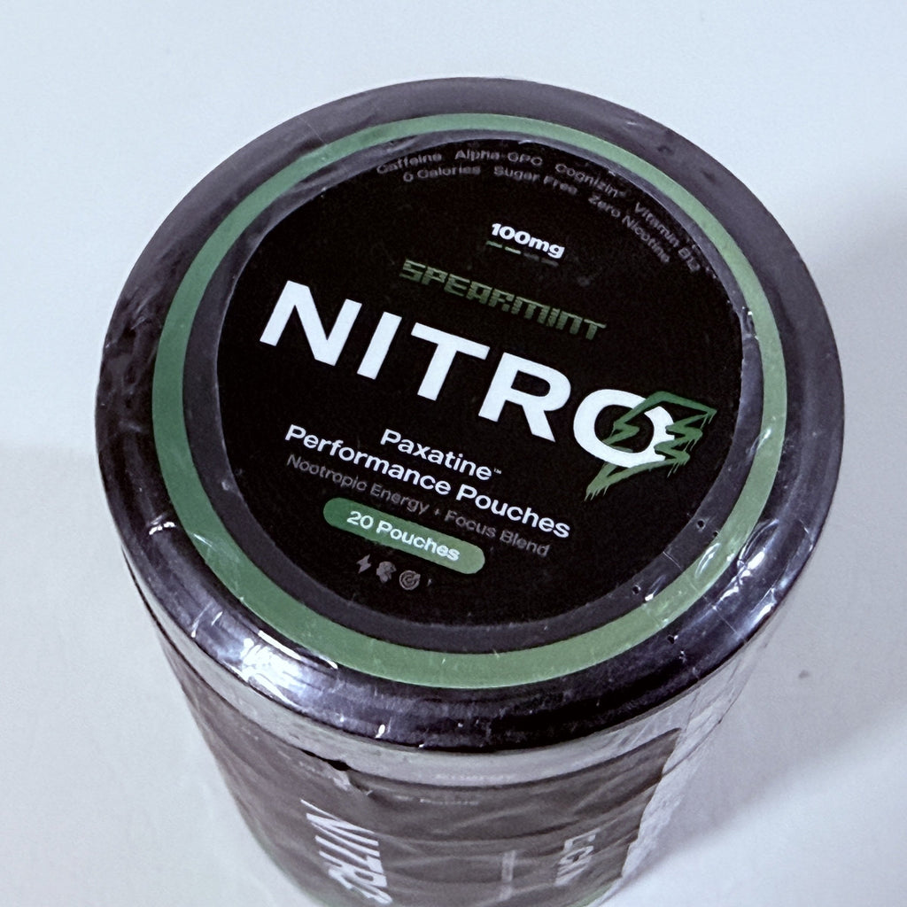 Nitro Spearmint Caffeine Pouches 100 mg, 5 Cans of 20, Exp 11/2027