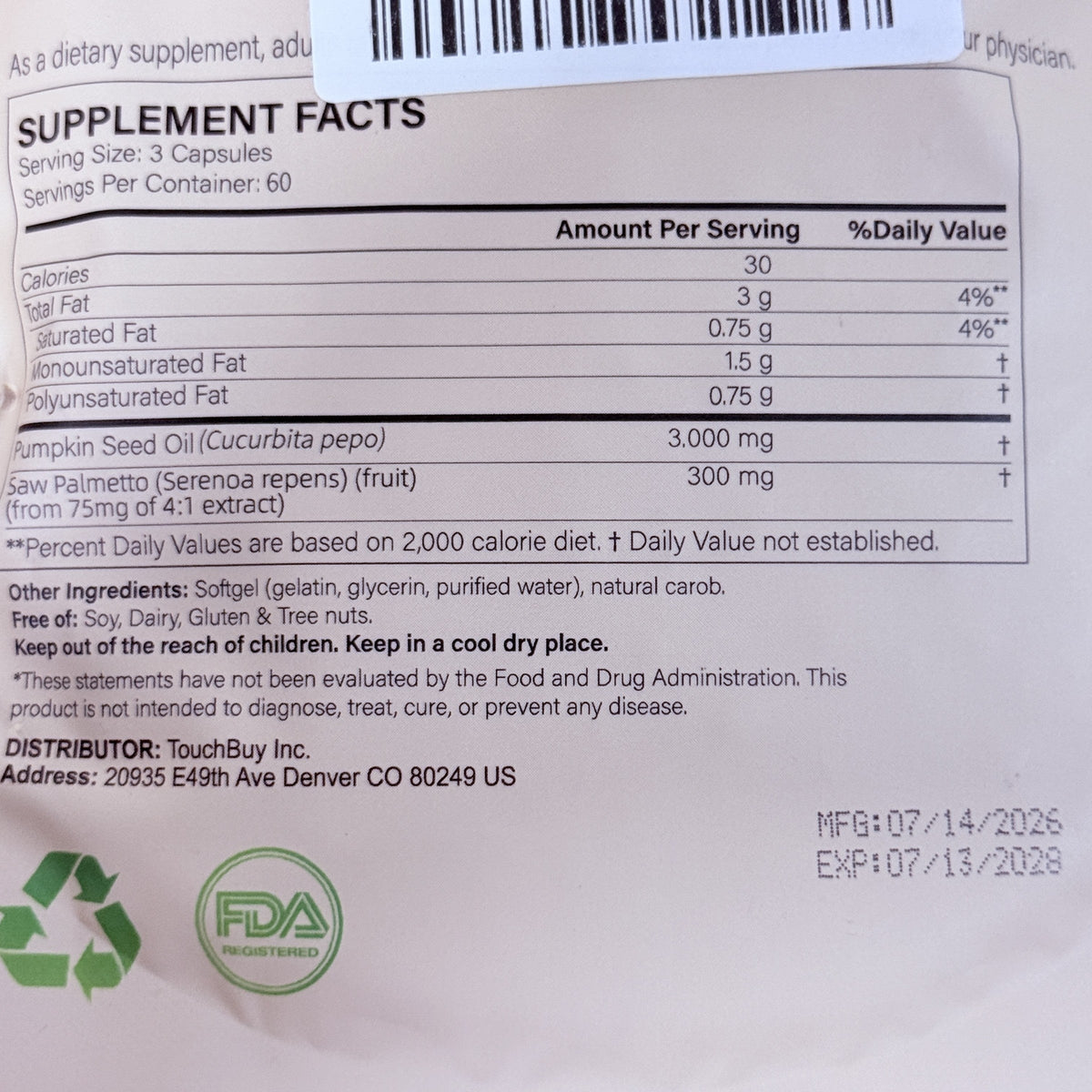 Pumpkin Seed Oil with Saw Palmetto 3000 mg, 180 Softgels, Exp 07/2028