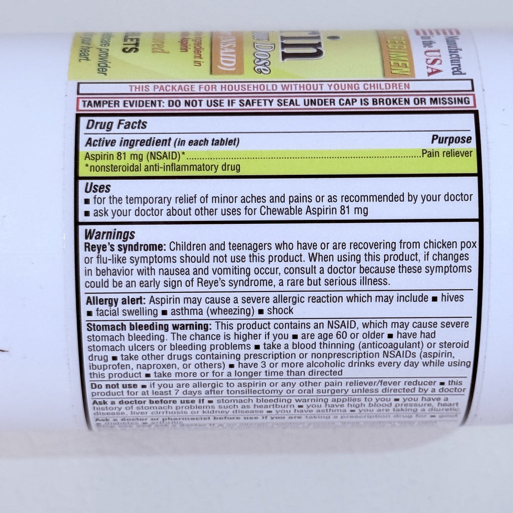Chewable Low Dose Aspirin 81 mg, Orange, 1000 Tablets, Exp 12/2028