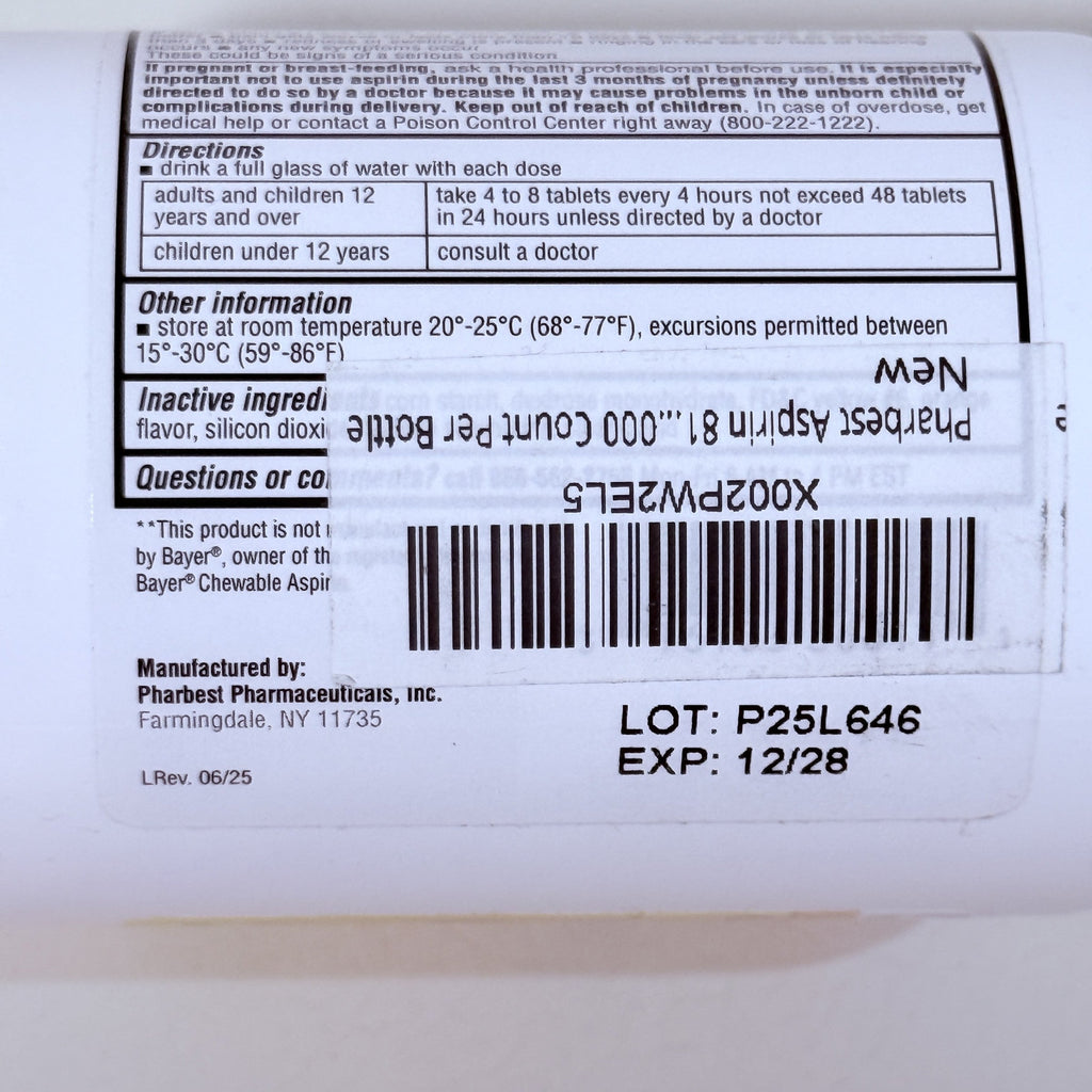 Chewable Low Dose Aspirin 81 mg, Orange, 1000 Tablets, Exp 12/2028