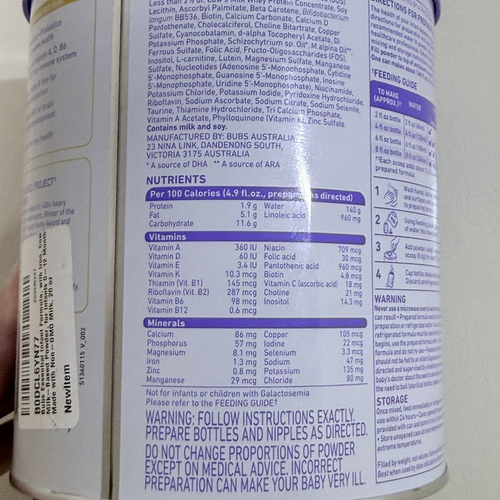 Bubs Essential Infant Formula with Iron, Cow Milk, 20 oz, BB 08/2027