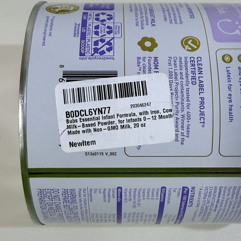 Bubs Essential Infant Formula with Iron, Cow Milk, 20 oz, BB 08/2027