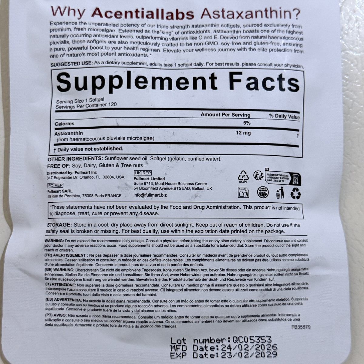 Astaxanthin 12 mg from Microalgae, 120 Softgels, Exp 02/2029