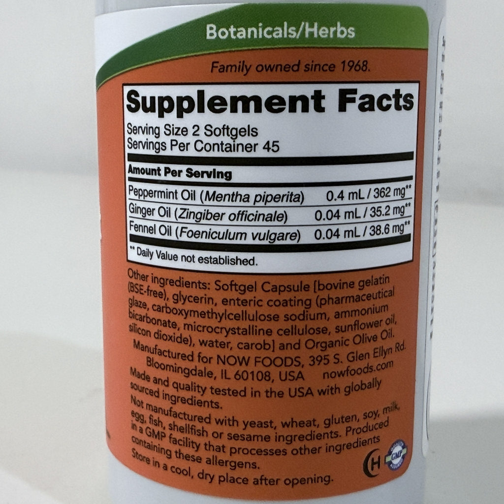 NOW Peppermint Gels with Ginger & Fennel Oils, 90 Softgels, BB 05/2029