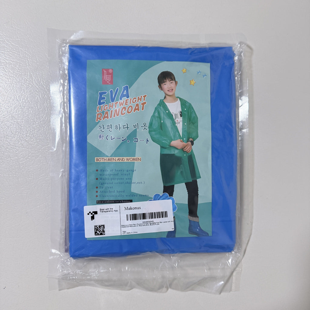 Kids EVA Raincoat with Hood, 2 Pack, Blue and Purple, One Size