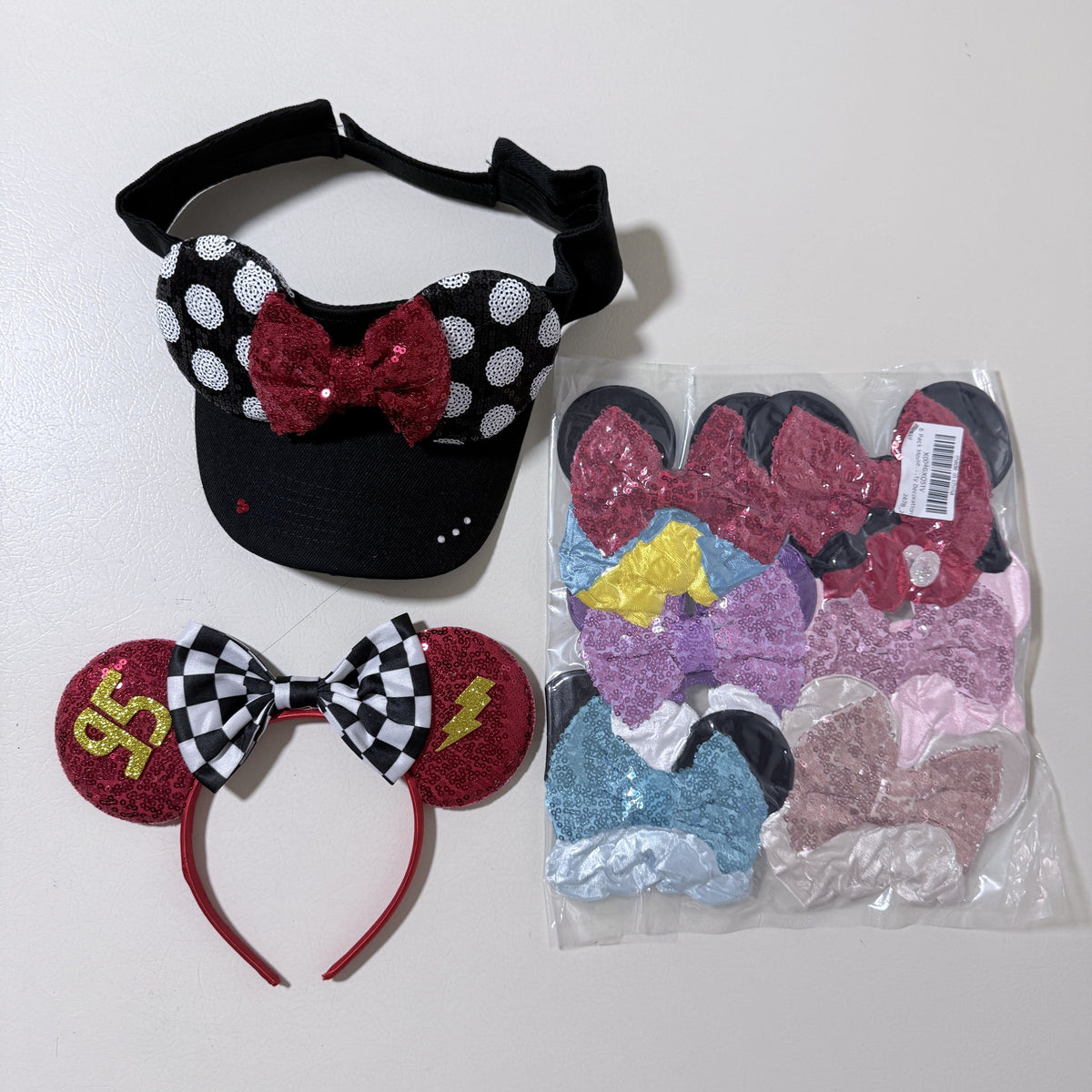 Sequin Mouse Ears Lot: Polka Dot Visor, Racing Ears and 6 Headbands