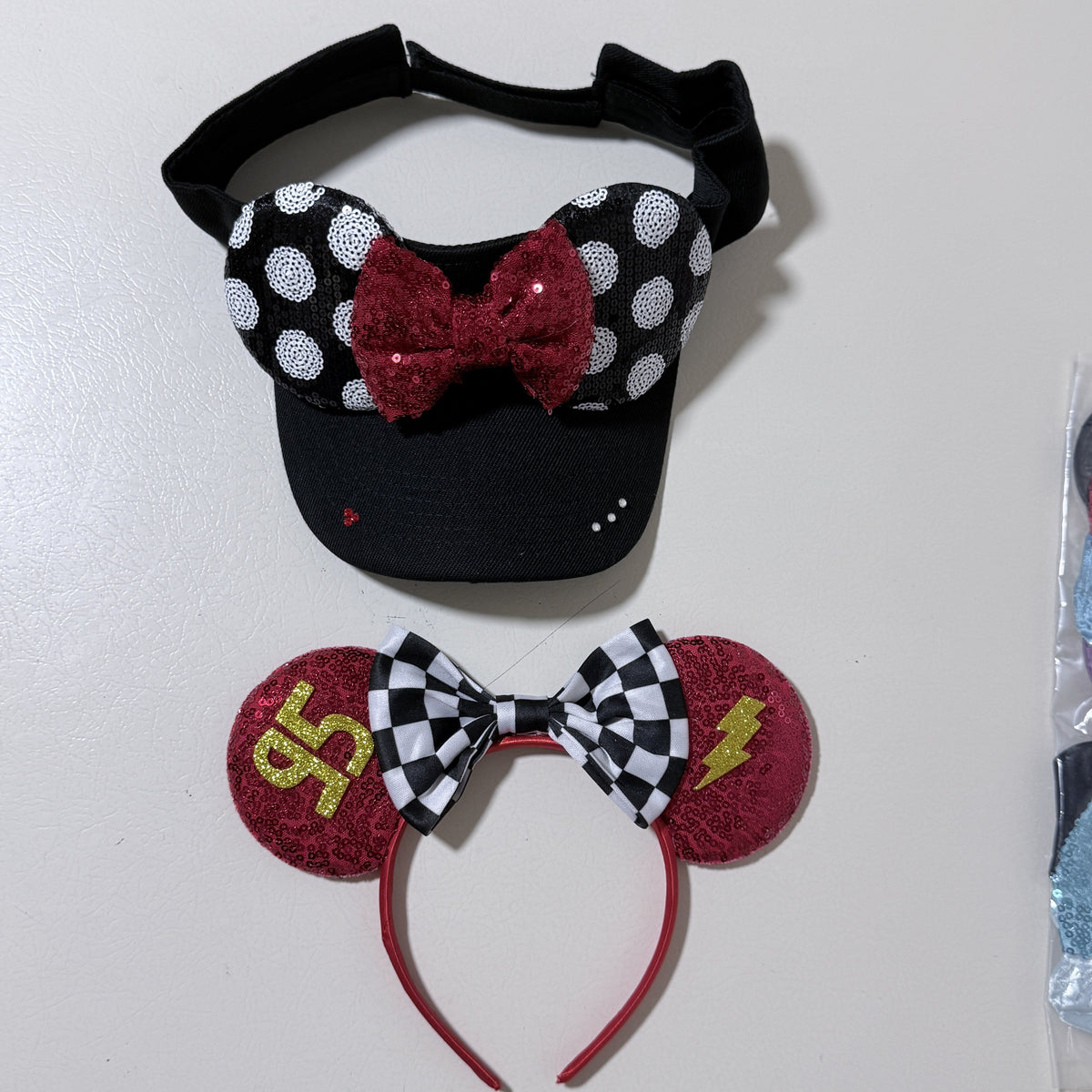 Sequin Mouse Ears Lot: Polka Dot Visor, Racing Ears and 6 Headbands