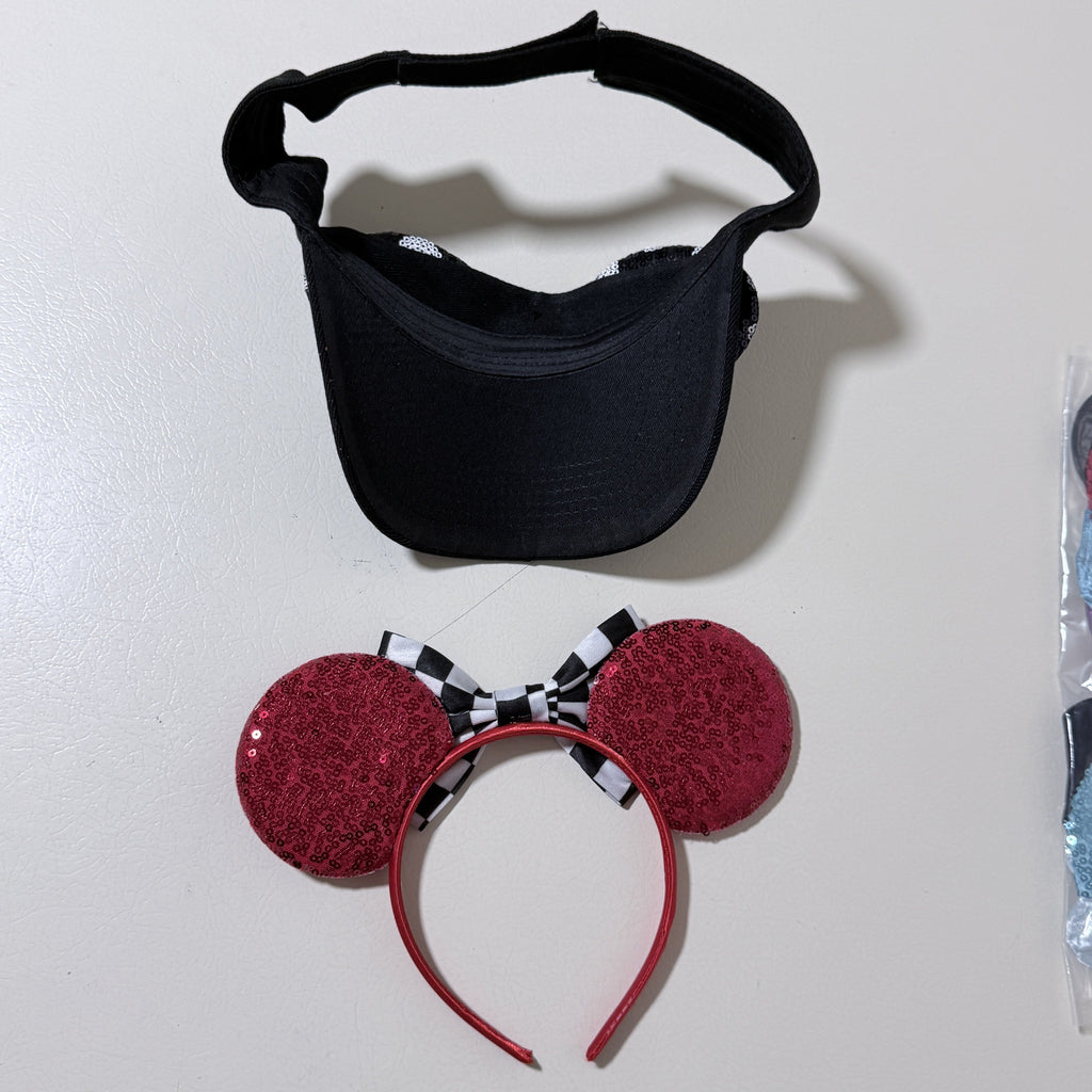 Sequin Mouse Ears Lot: Polka Dot Visor, Racing Ears and 6 Headbands