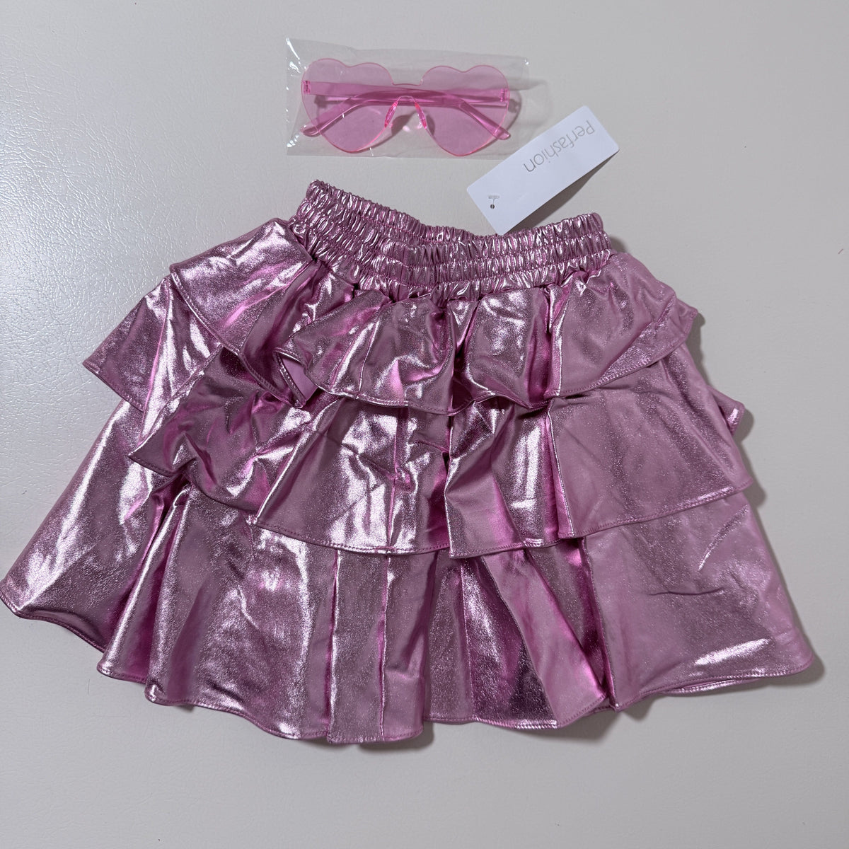 Girls Metallic Pink Ruffle Skirt with Heart Sunglasses, Size 130
