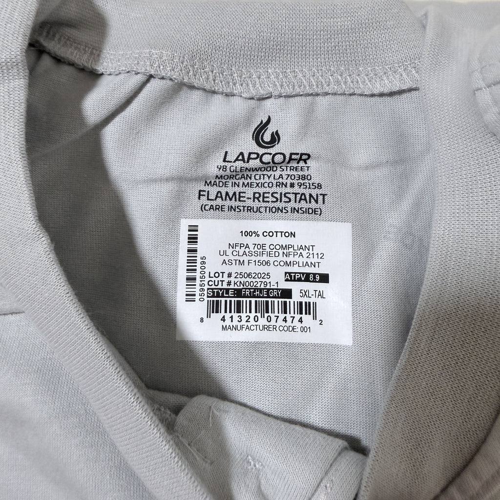 LAPCO FR Henley Tee Lot of 5, Gray, 5XL Tall, Flame Resistant CAT 2