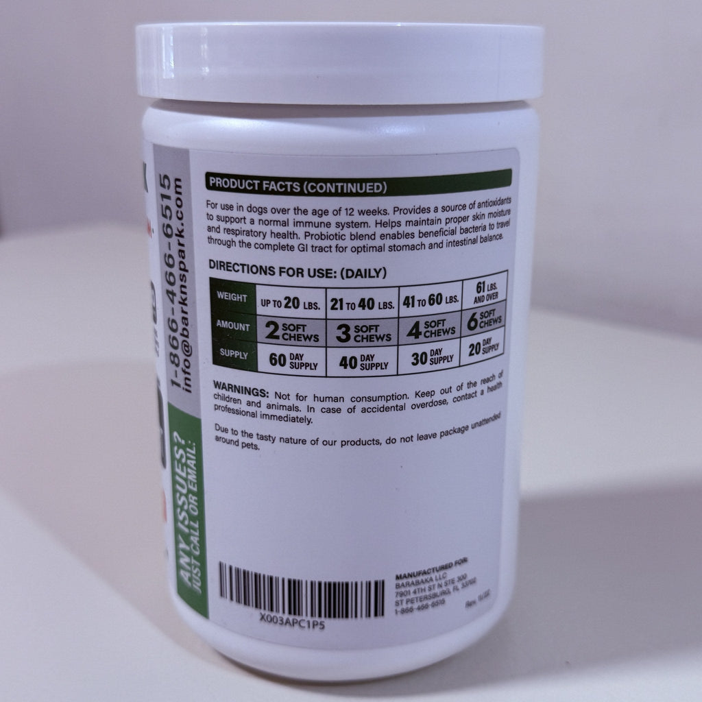 Bark&Spark Omega Colostrum Probiotic Dog Chews 120 Count BB 08/2028