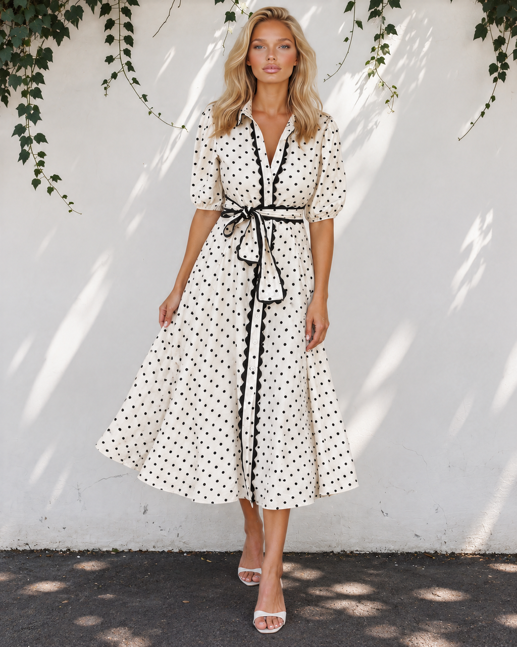 Tiana Scalloped Trim Shirt Collar Dress