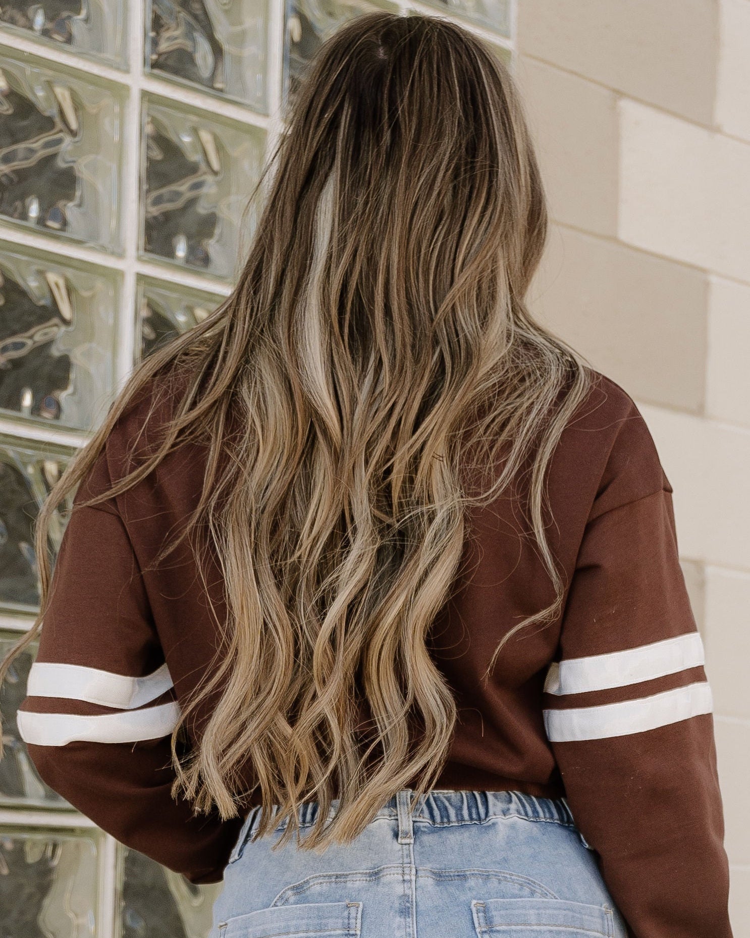 Varsity Striped Sleeve Loose Sweatshirt - Coffee