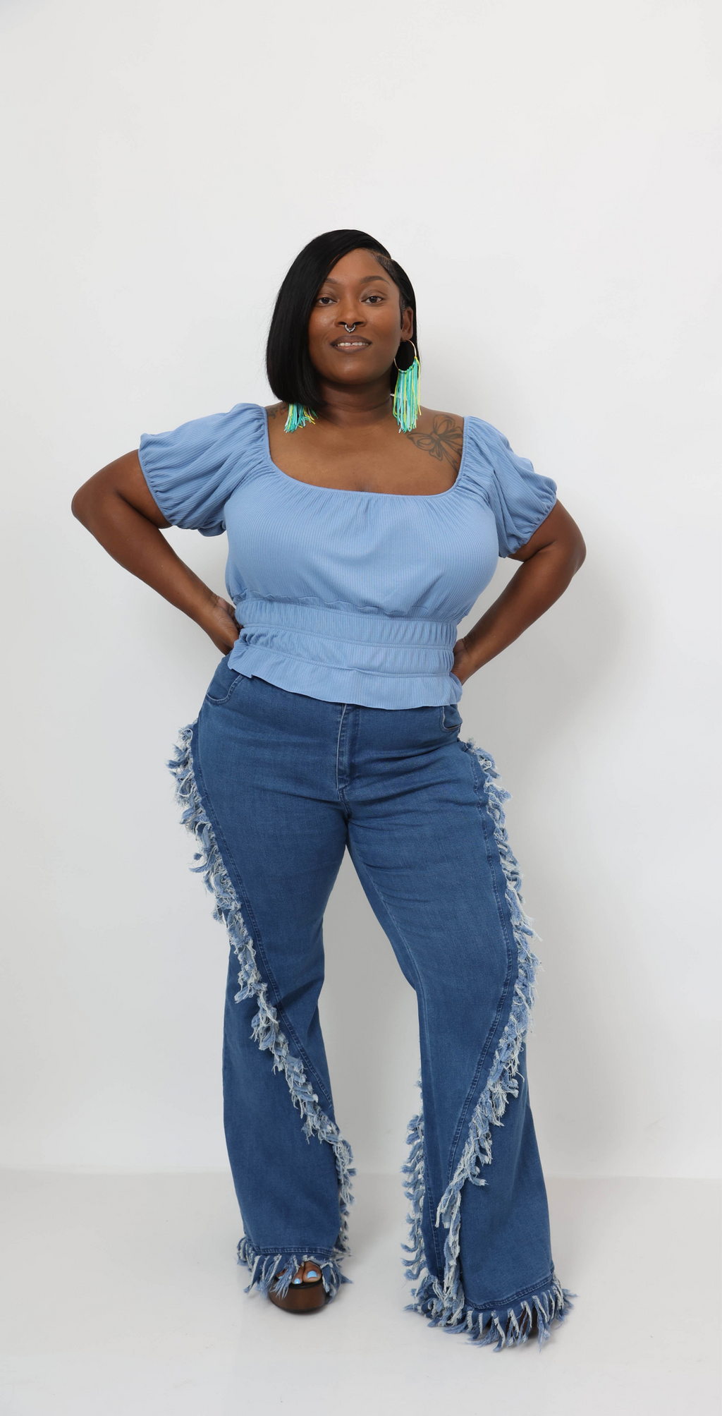 Distressed Fringe Denim Flared Pant