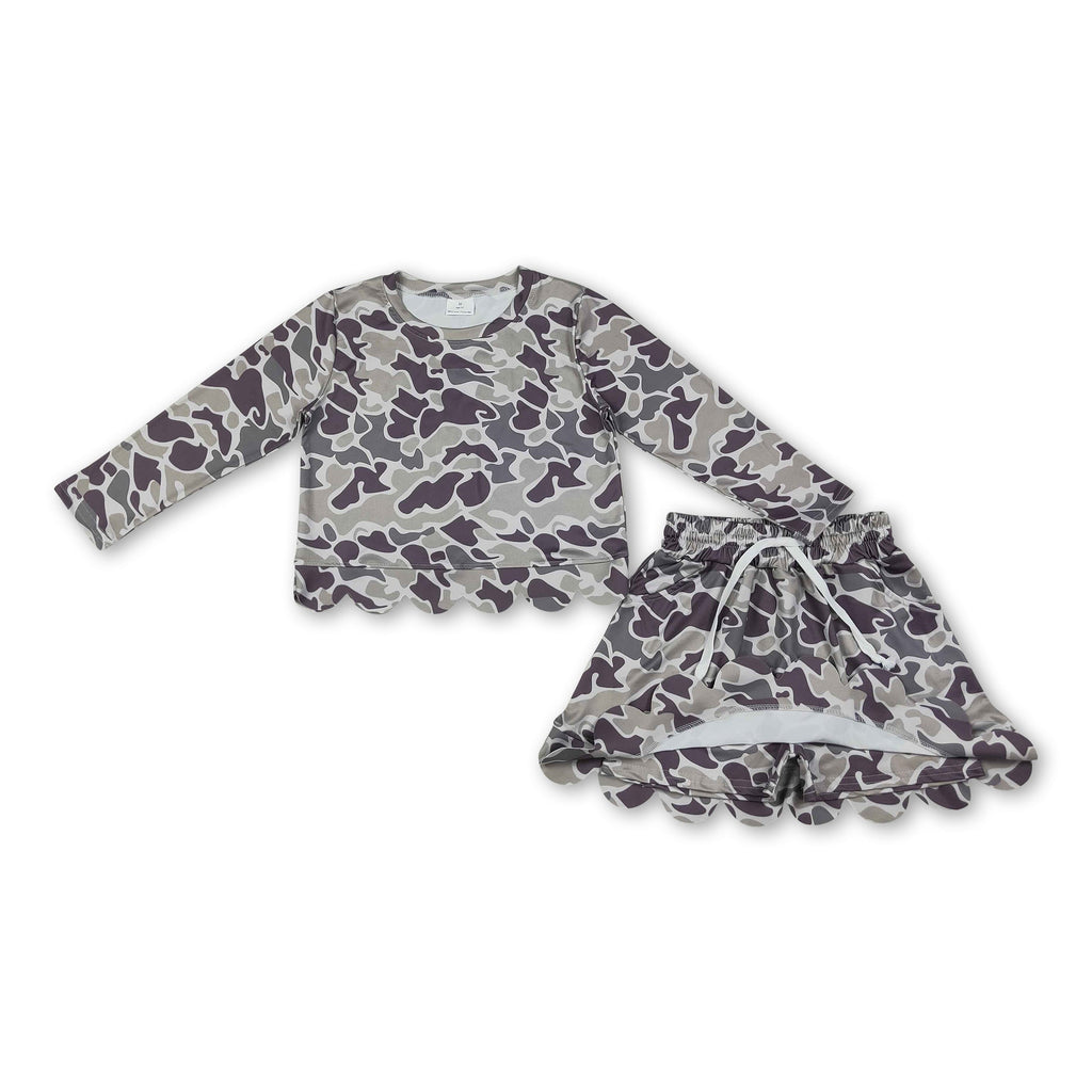 Long sleeves camo scallop top skirt kids girls outfits