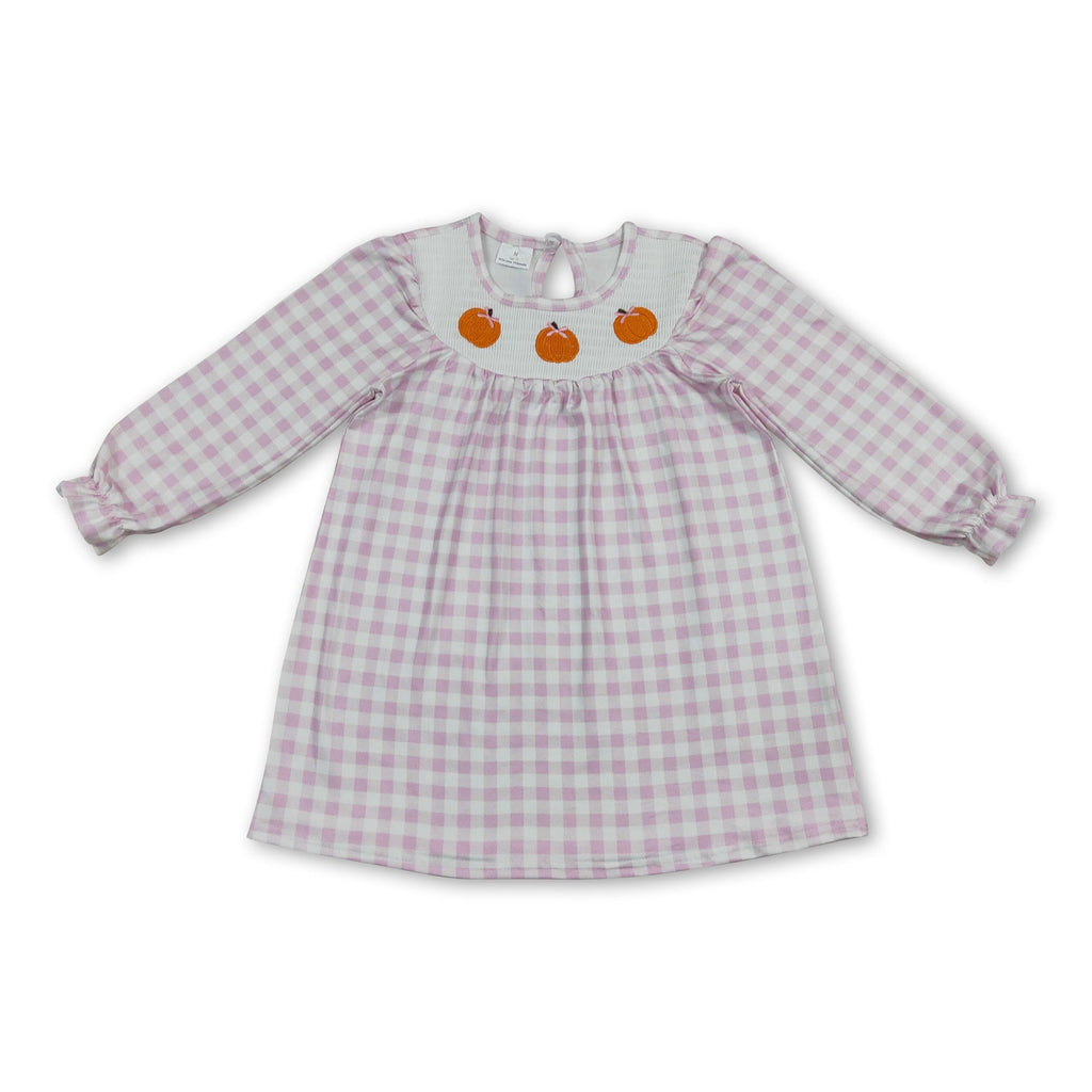 Pink plaid pumpkin bow smocked kids girls fall dress
