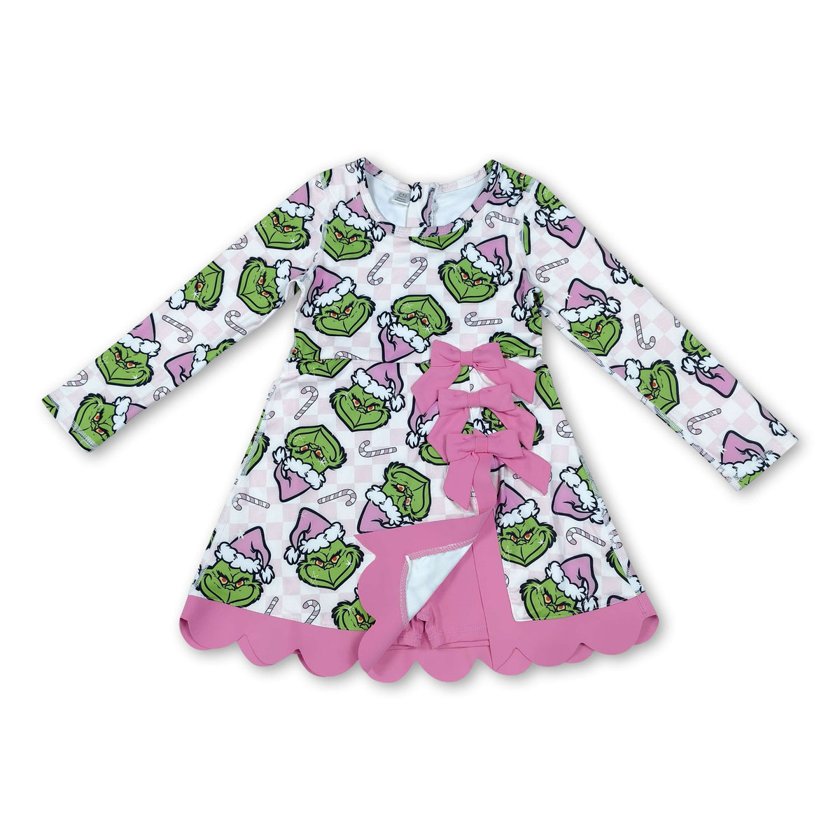Long sleeves pink plaid scallop girls Christmas athletic dress